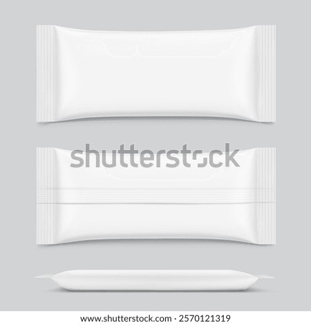 Realistic flow packaging mockup for bars, candies, waffles. Front, back and side views. Vector illustration on grey background. Easy to use for presentation your product, idea, design. EPS10.