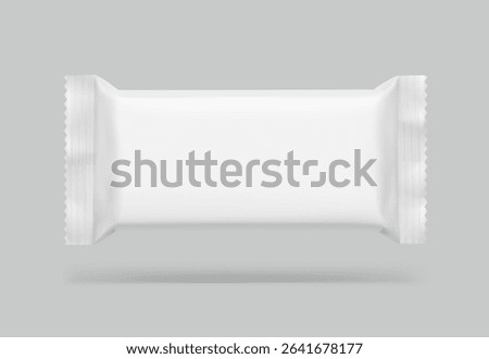 Realistic flow packaging mockup for bars, candies, waffles. Front view. Vector illustration on grey background. Easy to use for presentation your product, idea, design. EPS10.
