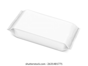 Realistic flow packaging mockup. Front view. Vector illustration isolated on white background. Can be use for your design, promo, adv and etc. EPS10.