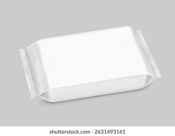 Realistic flow packaging mockup. Front view. Vector illustration isolated on grey background. Can be use for your design, promo, adv and etc. EPS10.