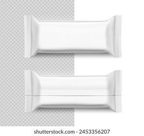 Realistic flow packaging mockups for bars, candies, waffles. Front and rear side. Vector illustration on white and transparent background. Easy to use for presentation your product, design. EPS10.