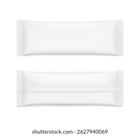 Realistic flow packaging mockups for bars, candies, waffles. Front and rear side. Vector illustration on white background. Easy to use for presentation your product, idea, design. EPS10.
