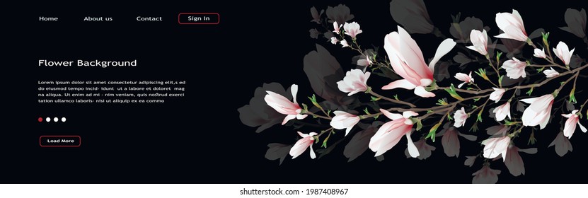 realistic flower, magnolia branch isolated on black background. magnolia is a symbol of spring, summer in the style of realism. 3d, three-dimensional background for web design, banner. Widescreen