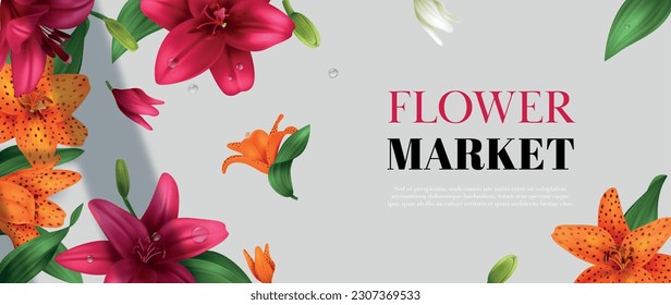 Afiche realista del mercado de flores con diferentes flores de lirio de colores ilustraciones vectoriales