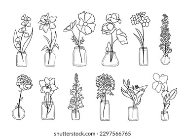 Realistic flower pot line art set. Perfect for illustrations.