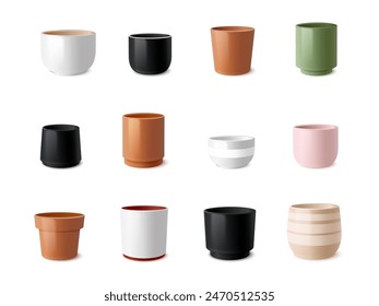 Realistic flower pots. Clay pot for flower house plant potting, terracotta ceramic flowerpot mockup, plastic cylinder white vase garden flowerpots 3d exact vector illustration of pot realistic