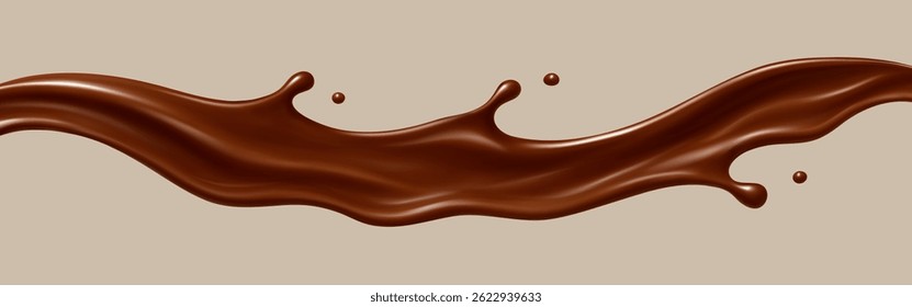 Onda de respingos de chocolate fluindo realista. Movimento de espiral de cacau. Líquido doce de sobremesa. Ilustração vetorial