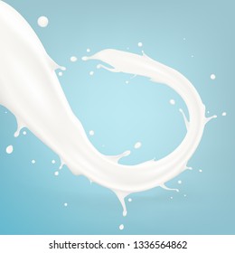 Realistic Flowing Milk Stream Splash Isolated On Blue Background. EPS10 Vector