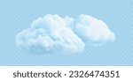 Realistic fluffy blue colored cloud. Vector illustration. 3d soft sky elements isolated on transparent background