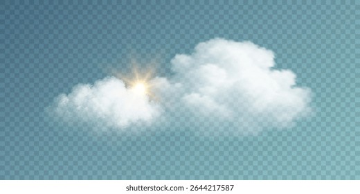 Realistic fluffy clouds with bright sunburst on a transparent background. Soft atmospheric scene evoking daylight, sky clarity, and nature calmness. Weather visuals design elements. Vector.