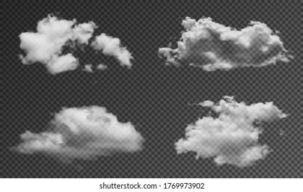 Realistische, flauschige Wolken einzeln auf transparentem Hintergrund. Set von transparenten Wolken mit realistischer Textur, Glanz und Sonnenlicht Wirkung. Vektorgrafik