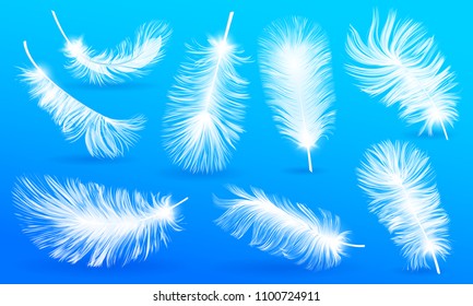 Realistic Fluffy feathers. Falling twirled plumage of white bird on blue background for banners, flyers, web, poster, card. down pillow for sleeping. use for down pillow for sleeping