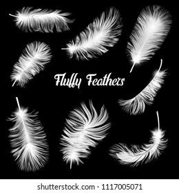 Realistic Fluffy feathers. Falling twirled plumage of white bird on blue background for banners, flyers, web, poster, card. down pillow for sleeping. use for down pillow for sleeping