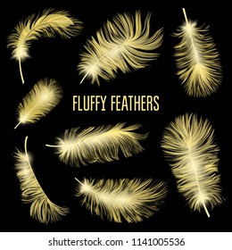 Realistic Fluffy feathers. Falling twirled plumage of white bird on blue background for banners, flyers, web, poster, card. down pillow for sleeping. use for down pillow for sleeping