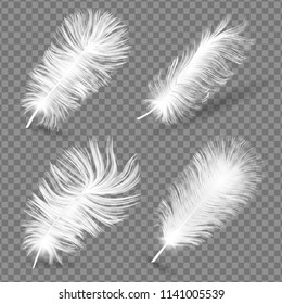 Realistic Fluffy feathers. Falling twirled plumage of white bird on blue background for banners, flyers, web, poster, card. down pillow for sleeping. use for down pillow for sleeping