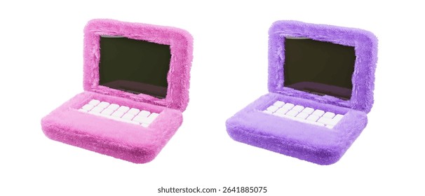 Realistic fluffy girls 3d laptop isolated on white background. Pink and violet furry cute cartoon kids notebook computer Vector illustration