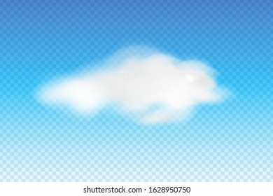 Realistic fluffy white cloud on transparent background, cloudy weather icon. Vector design template.