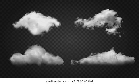 Realistic fluffy white textured clouds on black in four different formations for design elements, vector illustration