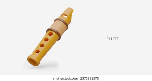 Realistic flute. Folk wind instrument. Record, woodwind. Horizontal poster on gray background. Advertisement of music school. Header for online store section