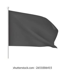 Bandeira de vibração realista em um poste. Banner de publicidade têxtil preto, horizontal. Tecido para publicidade, promoção. Montagem para marca. Ilustração de vetor 3D. Plano de fundo isolado.