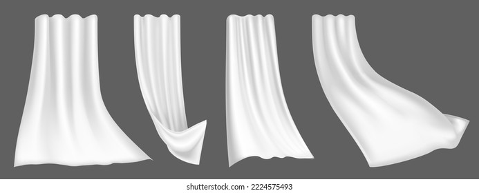 Realistic fluttering window curtains, white hanging cloths with folds, soft lightweight clear material. Luxury textile drapery, floating tissue isolated on grey background. 3d vector illustration, set