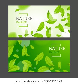 Realistic Fly Green Leaves Flyer Banner Posters Card Horizontal Set Nature Concept. Vector illustration of Banners