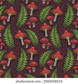 realistic fly-agaric and fern forest pattern