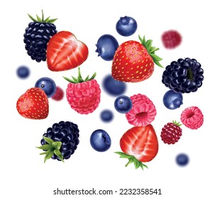 Realistic flying berries with strawberry blueberry blackberry raspberry and blurred elements against white background vector illustration