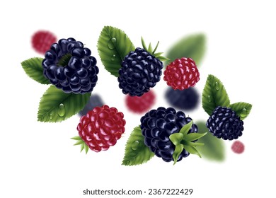 Fresas negras voladoras realistas con hojas verdes en segundo plano con ilustraciones vectoriales de imágenes borrosas