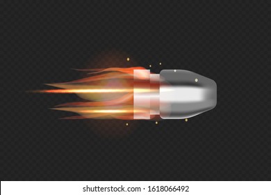 Realistic flying bullet with fire trace. 3D vector isolated on transparent background illustration.