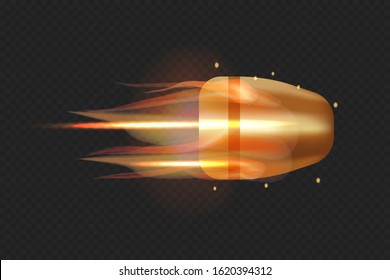 Realistic flying bullet with fire trace. 3D vector isolated on transparent background illustration.