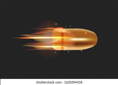 Realistic flying bullet with fire trace. 3D vector isolated on transparent background illustration.