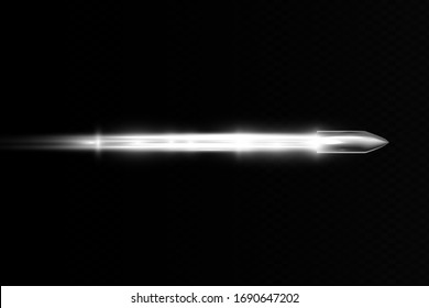 Realistic flying bullet in motion. Smoke traces isolated on dark background. Handgun shoot trails.