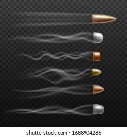 Realistic flying bullet set with different trace trails on dark transparent background. Gold, silver and copper bullets with fast speed smoke - vector illustration.