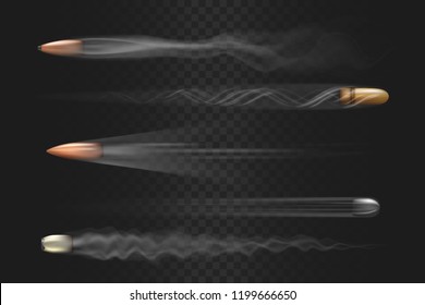 Realistic flying bullet with smoke trace isolated on transparent background, a set of fired bullets in motion, various firearm projectiles vector illustrations