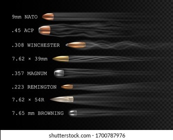 Realistic Flying Bullet With Smoke Trace And Caliber Inscriptions, A Set Of Shot Bullets In Freeze Time, Projectiles Of Various Firearm Types In Motion