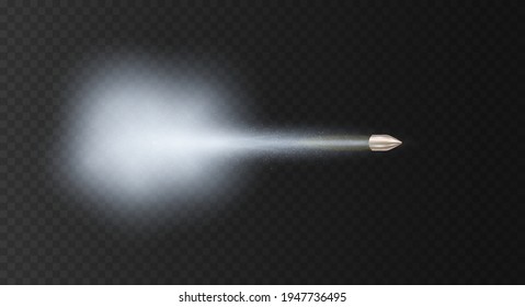 Balas voladoras realistas con rastro de humo. Avión de vapor o de gas. Ilustración vectorial en el fondo transparente a cuadros.