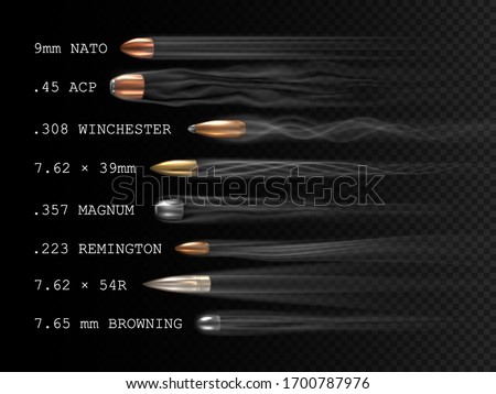 Realistic flying bullet with smoke trace and caliber inscriptions, a set of shot bullets in freeze time, projectiles of various firearm types in motion