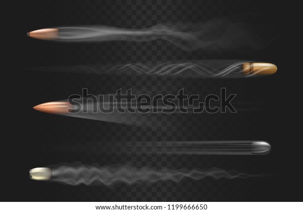 Realistic flying bullet with smoke\
trace isolated on transparent background, a set of fired bullets in\
motion, various firearm projectiles vector\
illustrations