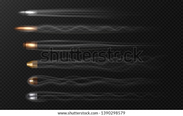Realistic flying bullet. Smoke traces\
isolated on transparent background, stop motion different fired\
bullets. Vector gun shot smoke illustration\
traces