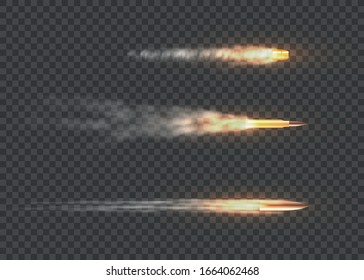 Realistic flying bullets in motion. Smoke traces isolated on transparent background. Handgun shoot trails. Gunshots, bullets in motion, military smoke trails. Vector illustration, EPS 10.