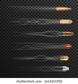 Realistic flying bullets with smoke trail. Set of isolated gun fire on transparent background. Rifle, weapon fiery trace. Different caliber of 3d projectiles. Shoot and military, army and shooting,