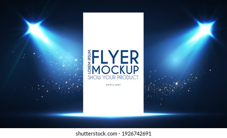 Realistic Flying Business Card, Poster And Flyer Mockup With 3D Empty Scene. Paper Blank, Spotlights And Light Effect.