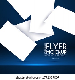Realistic flying business cards, posters and flyer mockup with 3D empty scene. Paper blanks and light effect.