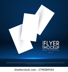Realistic flying business cards, posters and flyer mockup with 3D empty scene. Paper blanks and light effect.