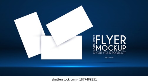 Realistic flying business cards, posters and flyer mockup with 3D empty scene. Paper blanks and light effect.