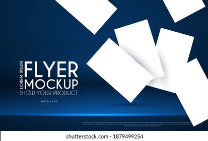 Realistic flying business cards, posters and flyer mockup with 3D empty scene. Paper blanks and light effect.
