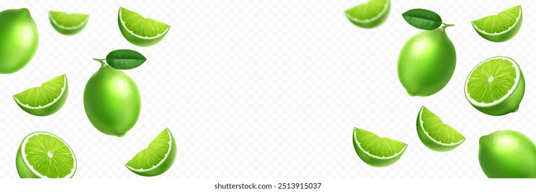 Realistic flying and falling fresh green limes isolated on white transparent background.