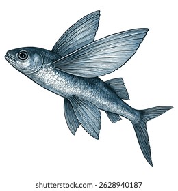 Realista Flying Fish Illustration - Vetor detalhado de espécies marinhas no estilo científico tradicional