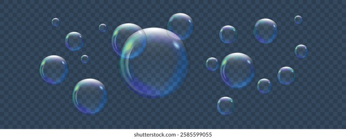 Realistic flying liquid bubbles. Rainbow soap foam. Shiny reflection, flying bath elements. Vector illustration isolated of transparent dark background.